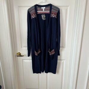 Denim & Co Navy Blue Open Front Cardigan Sweater Fair Isle Jacquard Detail L